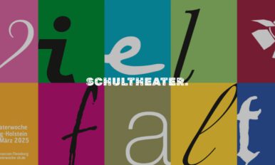 Logo der Schultheaterwoche Schleswig-Holstein 2025 mit bunten Hintergründen und dem Text 'Vielfalt Schultheater'.